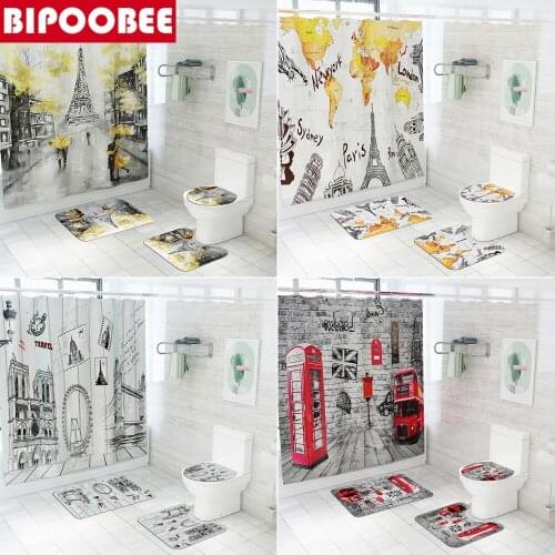 Paris Landscape Eiffel Tower Bathroom Curtain Landmark Building Printed Shower Curtain Bath Mats Set Toilet Cover Anti-slip Rug
