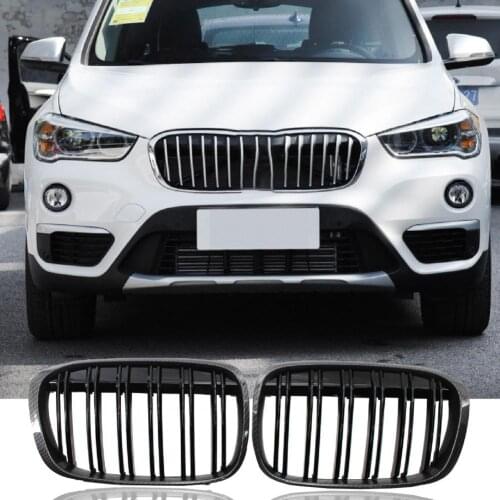 2Pcs Front Grille Double Slat Direct Replacement Car Accessory Carbon Pattern Kidney Grille 51117383363 51117383364 for BMW X1 F