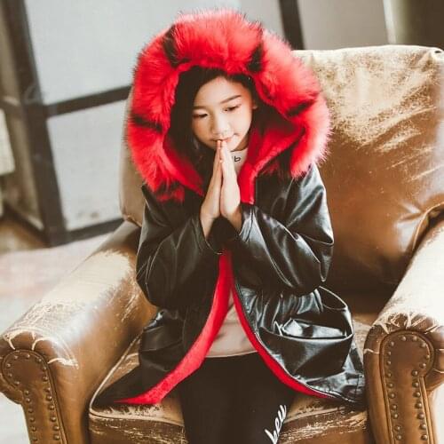 Winter Girls Faux Leather Down Coats Kids Christmas Snow Coats Big Fur Hooded Waterproof Children Long Jacket 4 7 8 9 11 13Years
