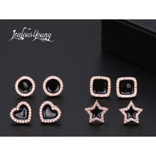 Luxury Female Black Round Heart Stud Earrings Elegant Gold Color Small Star Shape Wedding Earrings for Women Party Jewelry