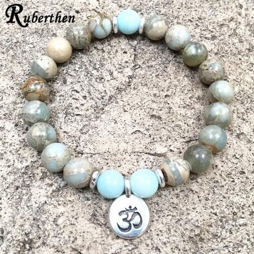 Ruberthen 8 mm Aqua Terra Jaspers Bracelet Natural Stone Beaded Bracelet Ohm Charm Yoga Bracelet Womens Mala Bracelet
