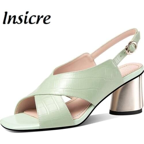 Insicre High Quality Peep Toe Cow Leather Slingback Sandals Women Round Heels Summer Ankle Strap Comfortable Shoes Big Size 42