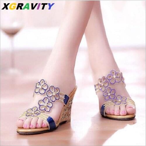 XGRAVITY D012 Top Quality Ladies Fashion Crystal Flower Wedge Sandals Fashion Casual Open Toe Shoes New Casual Ladies Footwear