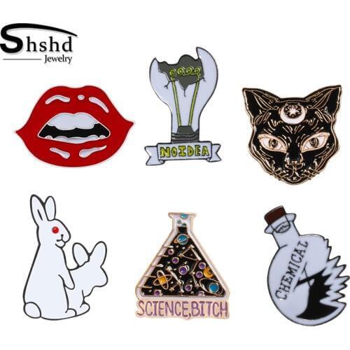 Shshd Crazy Black Cat Light Bulb NO IDEA Science Chemical Brooch Punk Pins Gothic Badge Jackets Lapel Pin Metal Jewelry for Kids