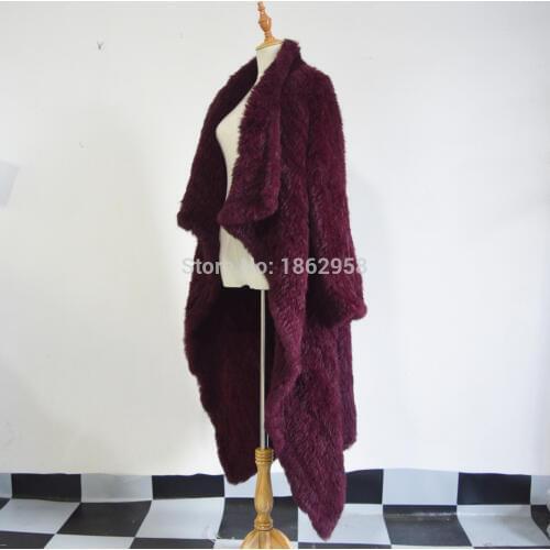 SJ459-03 Free Size Hand Made Knit Turn Down Collar Women Dark Wine Rabbit Fur Jacket