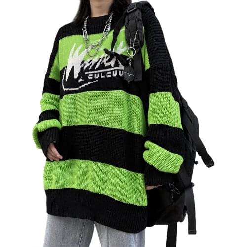 Womens Sweater Stripe Letter Casual Tops Harajuku Pullover Autumn Dropshipping Vintage Punk Hip Hop Streetwear Korean Clothing