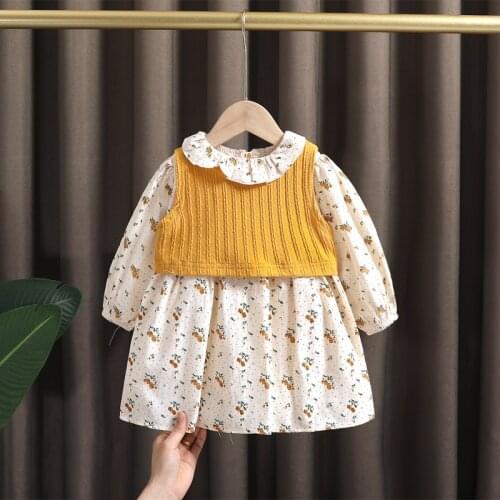 Spring girls baby clothes kids floral dress knitted vest suit for girls' baby clothing set 1 year baby birthday outfit sets