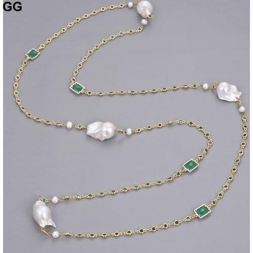 GuaiGuai Jewelry 43" Natural White Keshi Baroque Pearl Green Crystal Chain Necklace Earrings Sets For Women