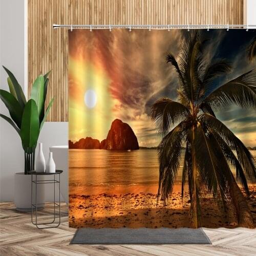 Sunset Sandy Beach Natural Landscape Shower Curtain Coconut Tree Ocean 3D Printing Bathroom Decoration Waterproof Bath Curtains