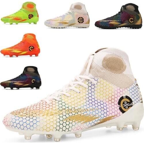 TaoBo 2020 New White Long Spikes Men Women Football Boots High Ankle Soccer Shoe High Top Sneakers Soft Indoor Turf Futsal