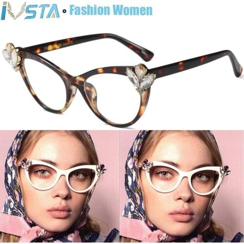 IVSTA Cat Eye Glasses Women with Diamond Spectacle Frame Myopia Flower Lady Fashion Computer Prescription Glasses Vintage 08674