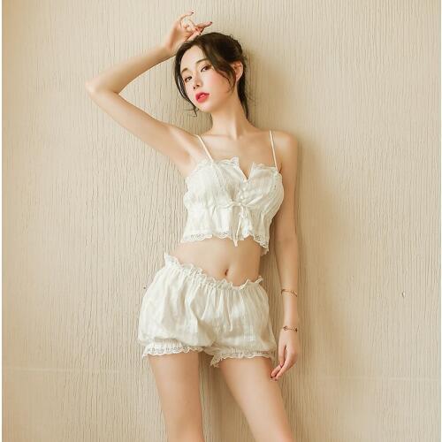 Womens Pajamas Set Victoria French Palace Sexy Lingerie Button Up Drawstring Crop Top Camisole Ruffled Lace Bloomers Sleepwear