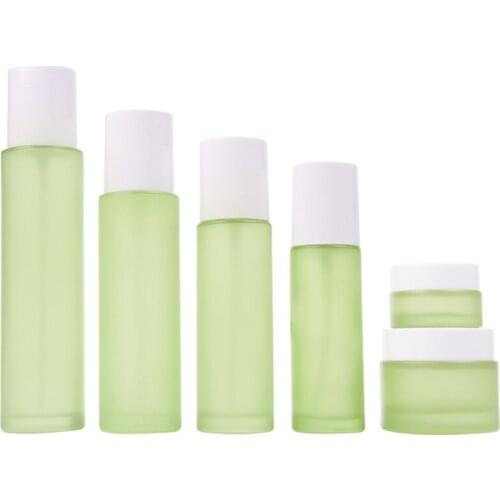 20ml 30ml 40ml 60ml 100ml Empty Frost Green Glass Lotion Pump Spray Atomizer Bottle Shiny White Cove 20G 30G Cream Jar 8pieces