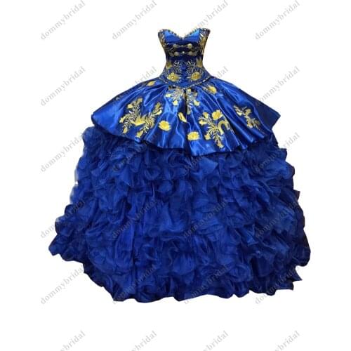 2021Gorgeous Gold Embroidered Royal Blue Cheap Quinceanera Dress Charro Mexican Strapless Ruched Crystal Vestido De 15 Anos XV