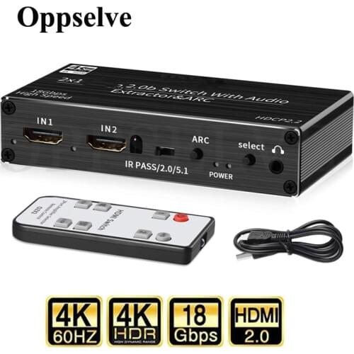 2x1 4K HDMI Switch Audio Extractor With ARC & Optical Toslink HDMI 2.0 b Switch 4K 60Hz HDMI Switcher Remote For Apple HDTV PS4