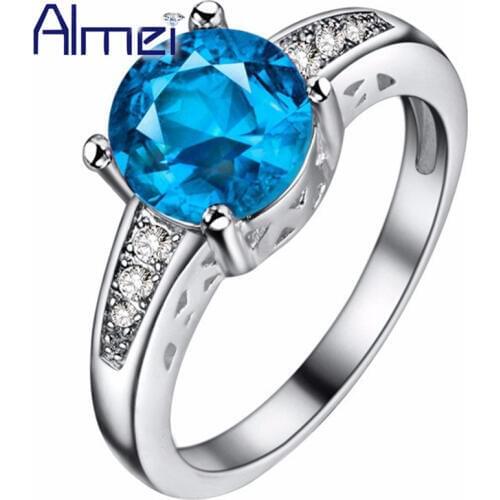 Almei 5%Off Rings Women Jewelry Silver Color Anillos Wedding Anel Ring Blue Rainow Crystal Stone Alibaba-Express Bijoux PJ153