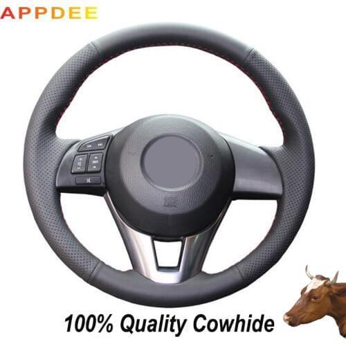 APPDEE Black Genuine Leather Car Steering Wheel Cover for Mazda CX-5 CX5 Atenza 2014 Mazda 3 CX-3 2016 Scion iA 2016