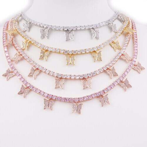 AAA CZ butterfly choker charm necklace silver color pink 4mm hip hop 1 row tennis chain rapper rock women adjustable jewelry