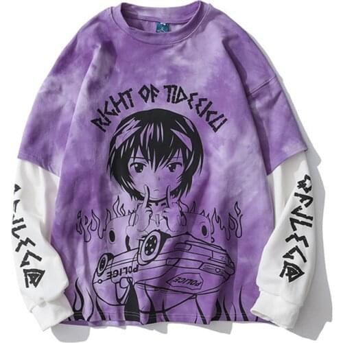 Harajuku Ayanami Rei T shirt Fake 2 Pieces Patchwork Casual Long Sleeve T-shirt Women And Men Streetwear Tops Drop Ship