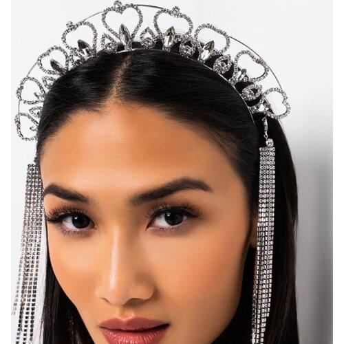 Stonefans Heart Crystal Crown Tiara Headbands for Hair Woman Party Wedding Hair Accessories Long Tassel Bridal Headwear Jewelry