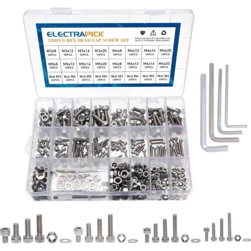 520 Pcs M3 M4 M5 M6 Stainless Steel Hex Socket Cap Head Screw Metric Screws With Nuts Flat Washers Male Spanners