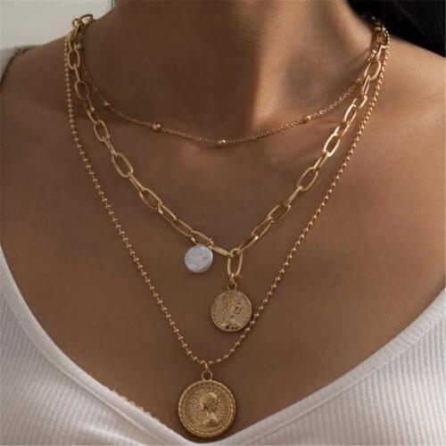 DIEZI Multilayer Baroque Pearl Chain Necklace Fashion Vintage Human Head Carved Coin Pendant Necklaces Women Statement Jewelry