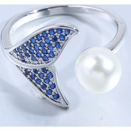 Fashion Adjustable Fish Tail Mermaid Pearl Engagement Open Rings for Women Blue Cz Wedding Jewelry Rings