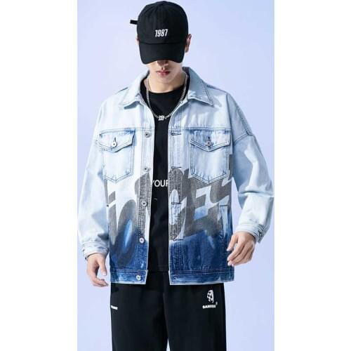 Men Denim Jacket 2021 New Spring Autumn Gradient Print Fashion Trend Big Size Loose Daily Mens Casual Jackets Coats