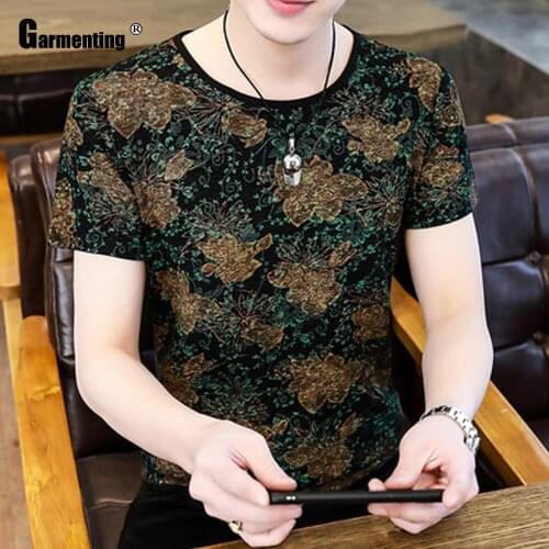 Plus SIze Mens T-shirt Eleagnt Flower Print Tops Sexy Men Clothing 2021 New Summer Casual Pullovers Skinny Tees Masculinas 4XL