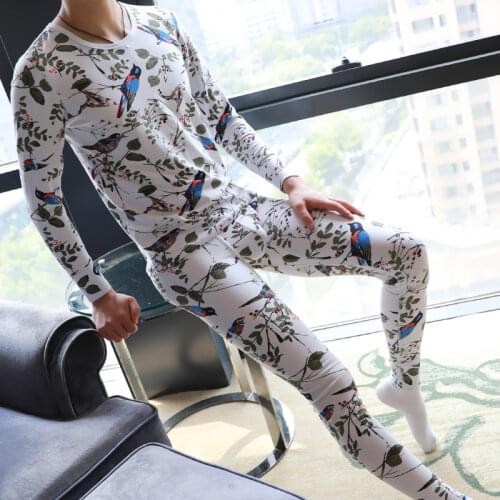 New Fashion Mens Long Johns Thermal Underwear Flower Print Cotton O-Neck Undershirts 1 Set=Top+Pants