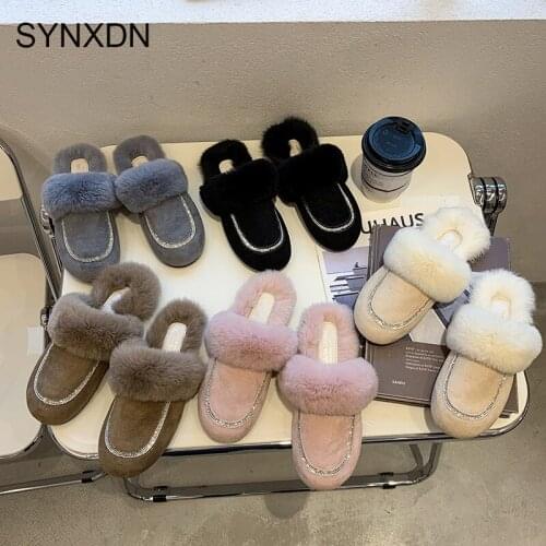 SYNXDN Fashion New Winter Women Slippers Pink Beige Flat Shoes Faux Fur Warm Shoes Fuzzy Slippers Furry House Slipper For Female