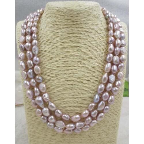 3 row purple baroque 9-10mm genuine freshwater pearl necklace 50/54/58 cm