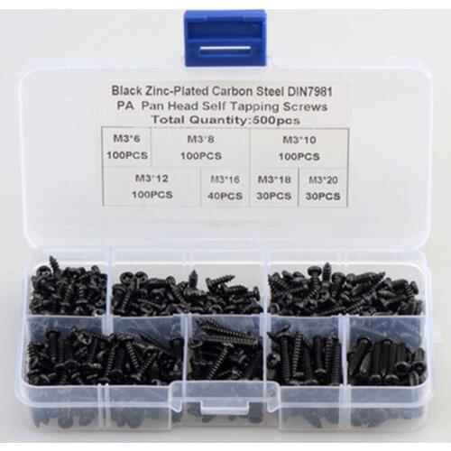 500PCS/SET Black Zinc-Plated Carbon Steel DIN 7981 PA Pan Head Self Tapping Screws Fastener Boxed M3*6/8/10/12/16/18/20