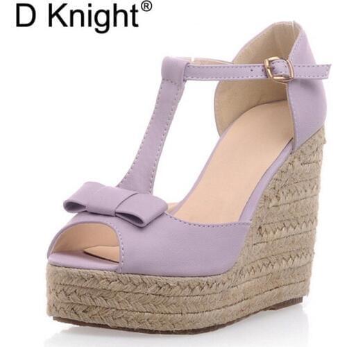 Bow Straw High Heels Gladiator Platform Sandals For Women Simple Summer Buckle T-Strap Pu Leather White Wedge Lolita Shoes Woman