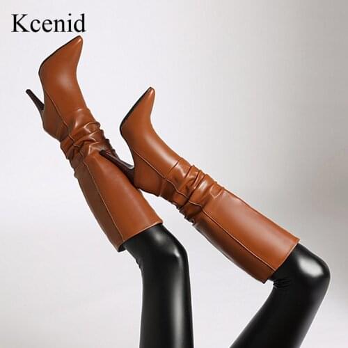 Kcenid Women pleated long boots woman 2021 thin high heels pointed toe sexy ladies party shoes female winter boots women size 43