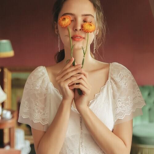 Smmoloa Women Sexy Lace Nightwear Bride White Gown Lace Mesh Gown Sleepwear