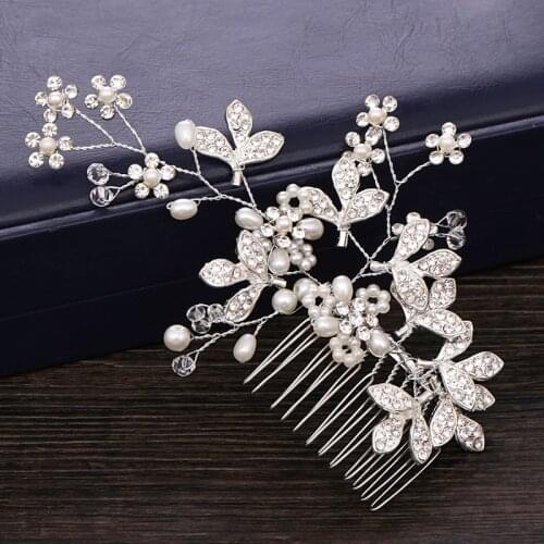 Rhinestone Leaf Flower Hair Comb Headband For Women Bride Hair Accessories With Pearl Wedding Hair Comb Headpiece Ornament