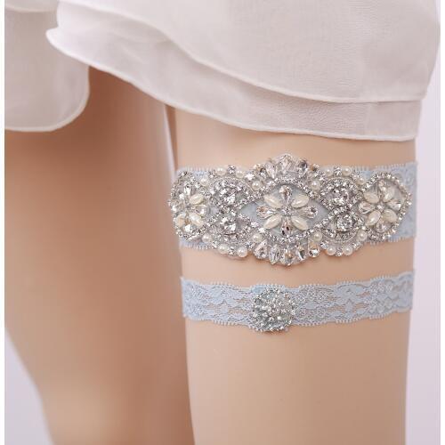 Wedding Garter Rhinestone Beading Lace Flower Blue Sexy Garter 2pcs set for Women/Female/Bride Thigh Ring Bridal Leg Garter