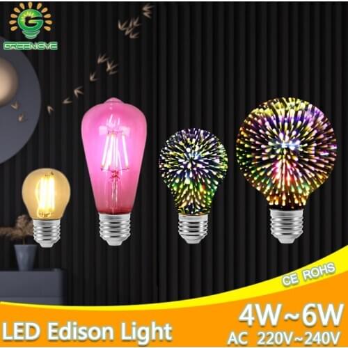 3D Decoration Holiday Lights Led bulb E27 220V 3D Fireworks Edison led Lamp ST64 A60 G80 G95 Retro Filament Lights Edison Bulb