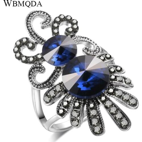 Wbmqda 2021 New Fashion Blue Stone Ring For Women Tibetan Silver Crystal Flower Ring Vintage Wedding Jewelry
