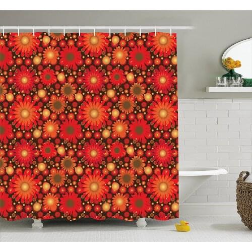 Red and Brown Shower Curtain Vivid Colored Botanical Composition with Gerbera Daisies Waterproof Polyester Bath Curtains