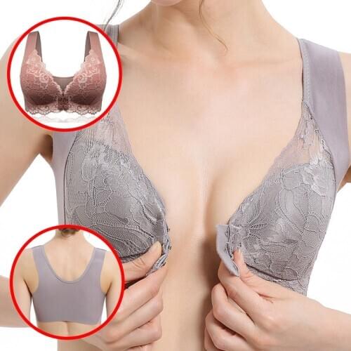 Women Push Up Front Closure Bra Buckles Modal Wide Strap Seamless Gathered Lace Bra Vest Bralette Breathable Gray Pink Brassiere