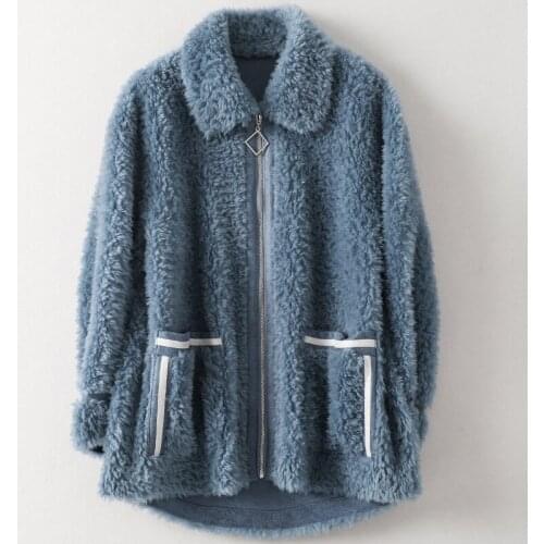 Winter Sheep Shearing Coat Women Autumn Fashion New Wool Fur Jacket Medium Length Office Female Thick Warm Blue Outwear