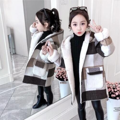 2020 Winter Girls Cotton Long Jackets Kids Outerwear Clothes Toddler Children Clothes Casual hooded Plaid Woolen Coat