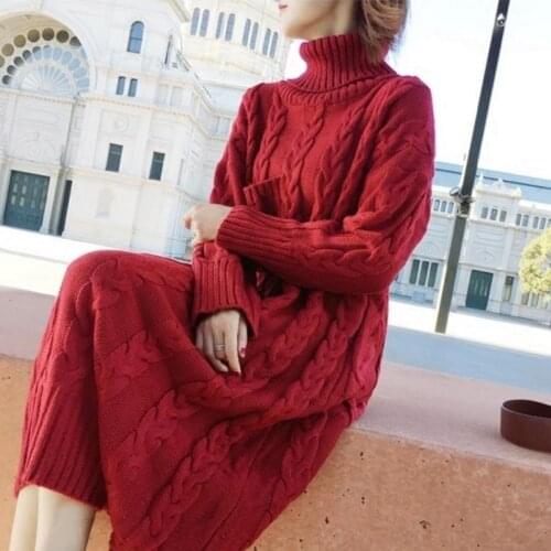 2021 winter Women Sweater Dresses Winter Long Sweaters Knitted Warm Turtleneck Sweater Twisted Thickening loose dress
