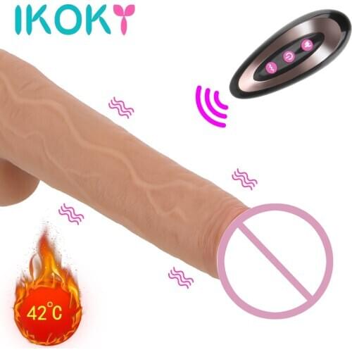 IKOKY 10 Frequency Flexible Soft Silicone Realistic Dildo Vibrator Female Masturbation Remote Telescopic Vibrators 42°Heating