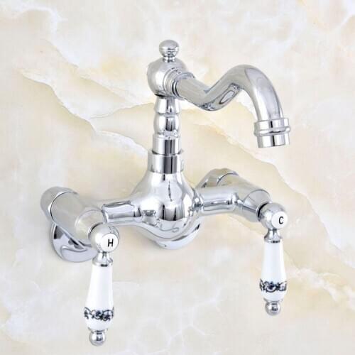 3-3/8" Polished Chrome Wall Mounted Swivel Spout Bathroom Sink Faucet Double Handle Mixer Tap Wall Mounted Nqg202