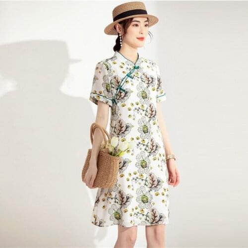 White mulberry silk printed green floral dress women summer long work office sexy party luxury qipao collar dresses plus size
