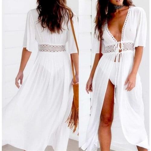 Bikini Cover Ups for Swimwear Women Beach Long Maxi Dress Swimsuit Cover Up Tunic Pareo V Neck Dress Robe Beachwear Plus Size