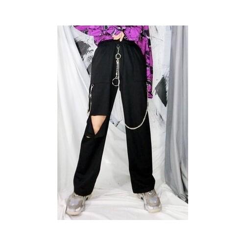 New Summer Harajuku Cargo Pants Elastic High Waist Loose Chain Hollowing Out Wide Leg Pants Punk Streetwear Women Trousers